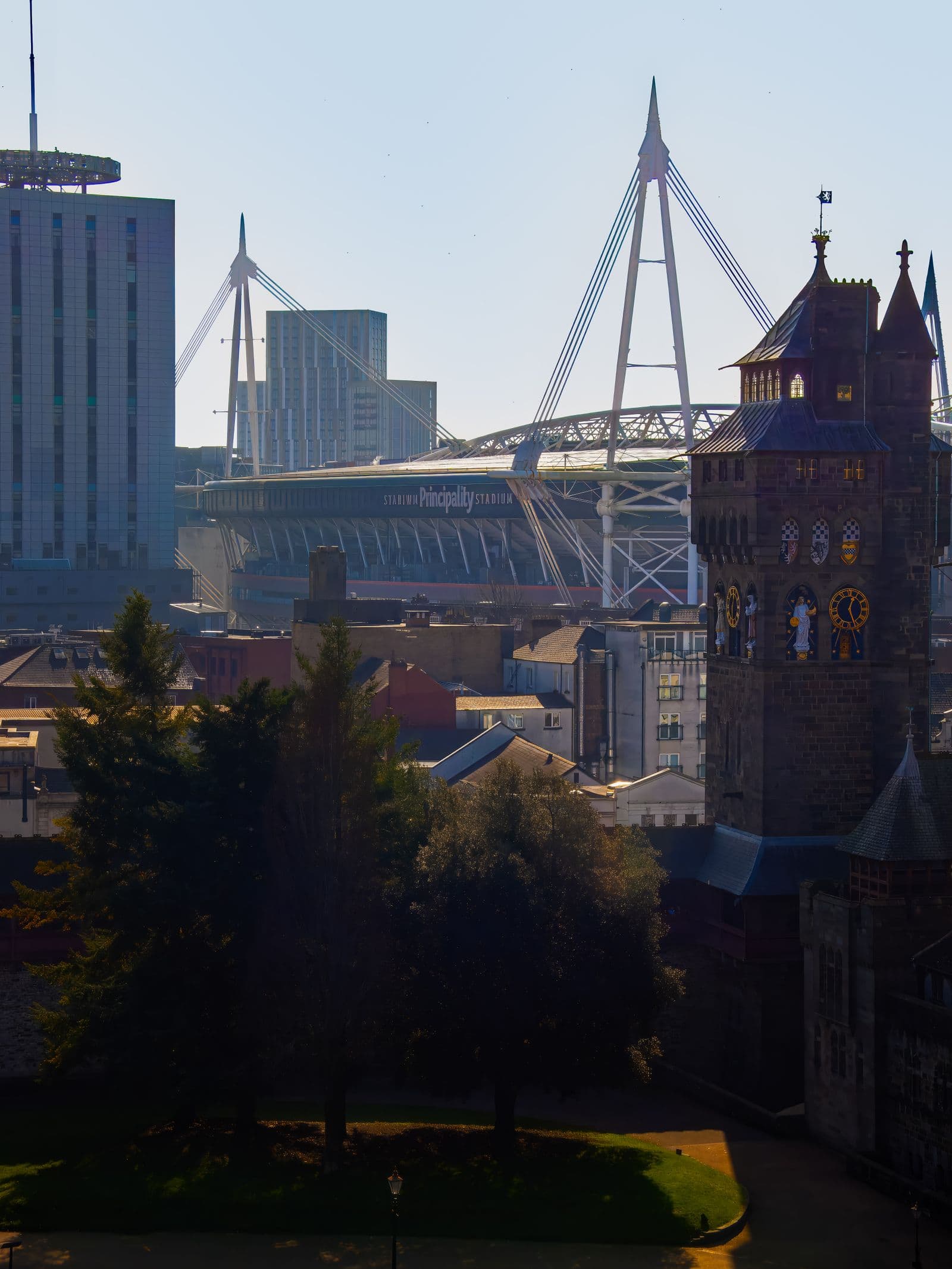 Cardiff skyline with the Principality Stadium and historic clock tower