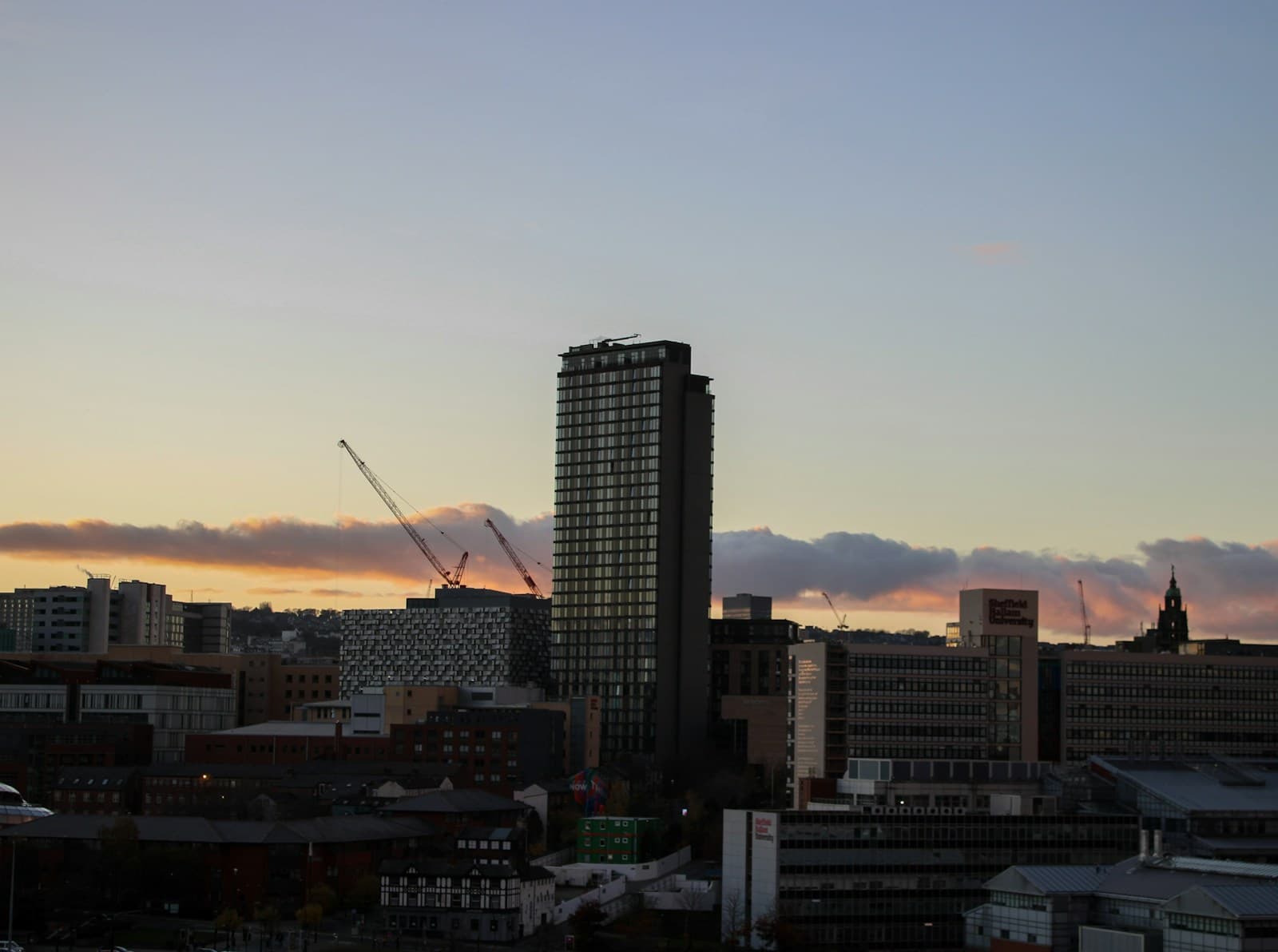 Sheffield city centre skyline at sunset