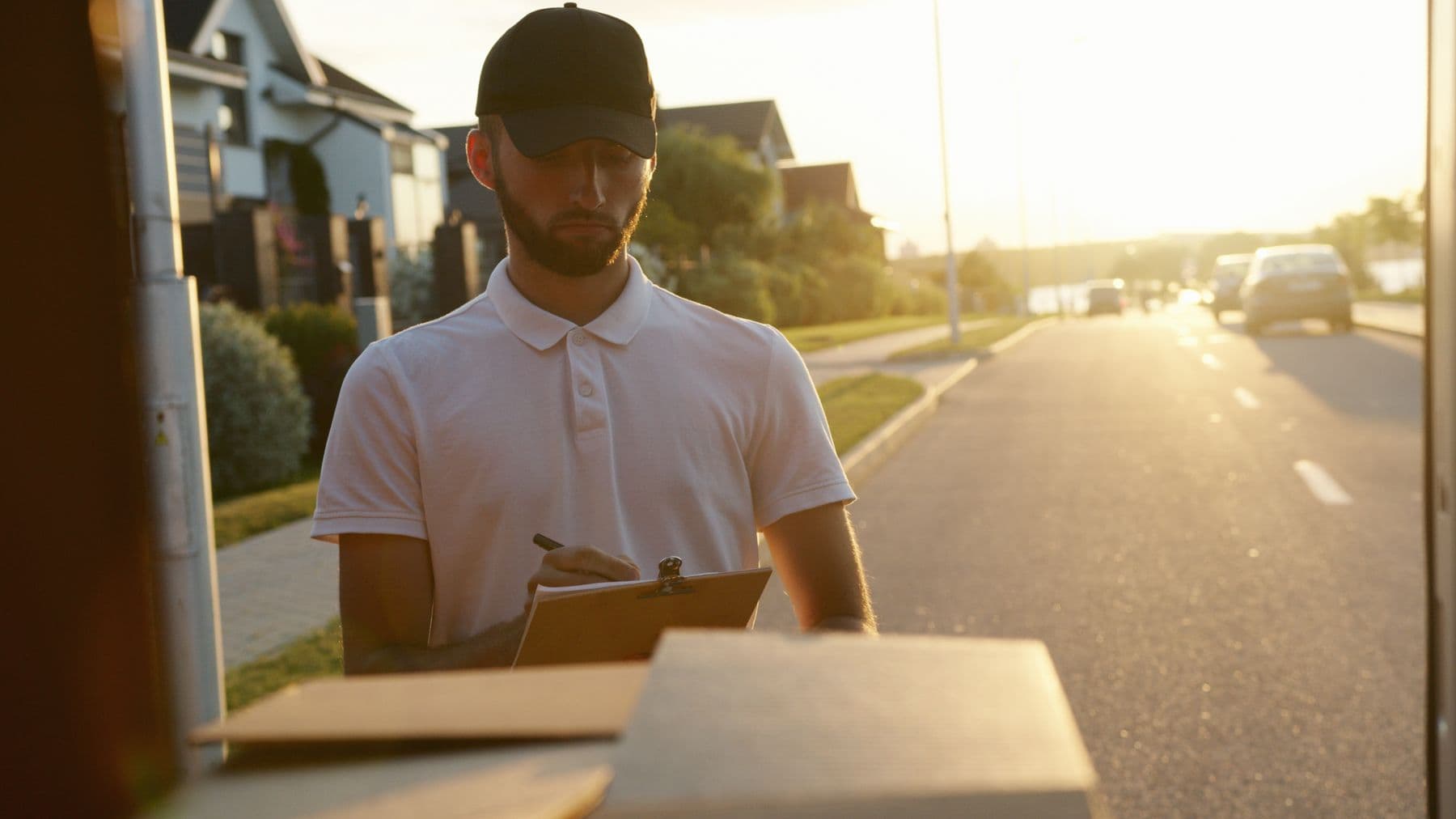 Courier recording delivery details on a clipboard beside packaged goods